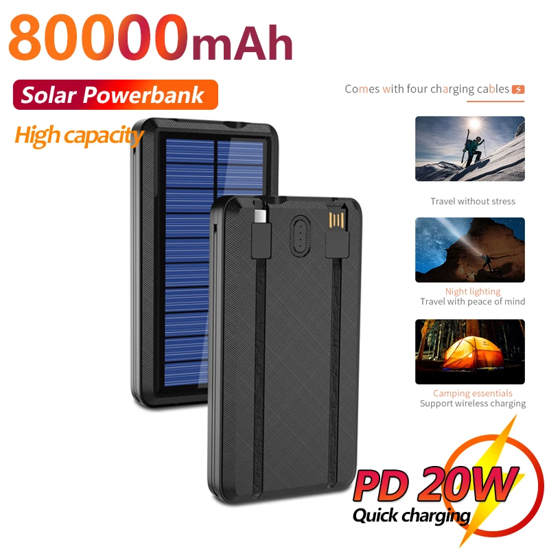 80000mAh Qi Wireless Charging Solar Panel Travel Portable Power Bank LED Built-in Charging Cable Fast Charging for Iphone Xiaomi portable wireless charger