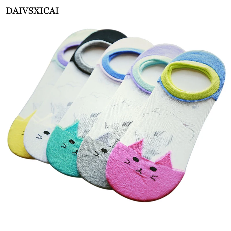 5 пара/лот = 10 шт. летние носки-башмачки с героями мультфильмов женские невидимые Прозрачные шелковые носки с рисунком «котята» Модные женские