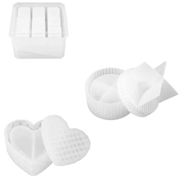 

3 Pcs Box Resin Molds Silicone Jewelry Box Molds with 9-Slot Heart Shape Epoxy Resin Molds Round Trinket Box Molds