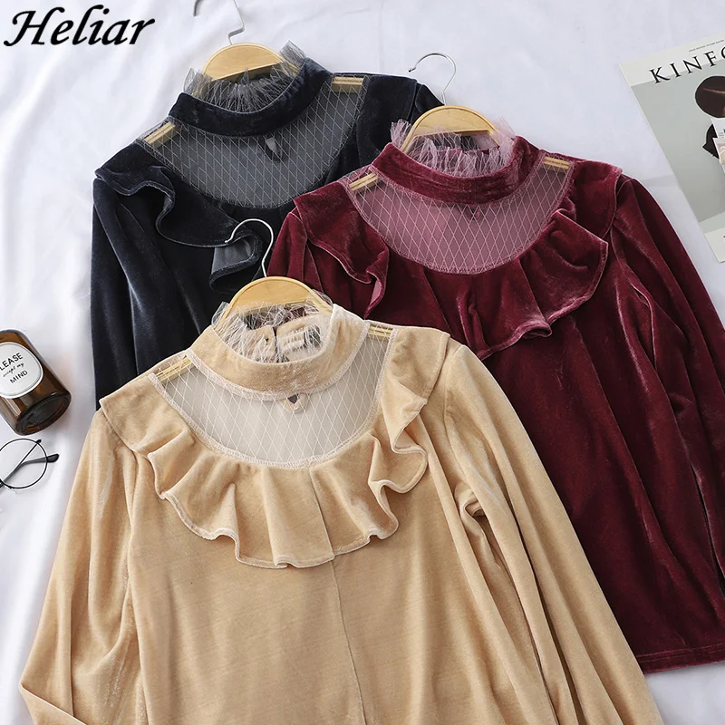 HELIAR Spring Slim half-high Collar Lace Chest Velour Blouse Shirt stitching velvet Ruffle Flare sleeve Wine Black | Женская одежда