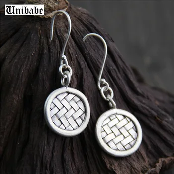 

Pure Silver Ethnic Thai Hand Made Sterling 925 Silver Dangle Drop Weaving Disc Earrings Vintage Matt Retro Craft Woman Jewelry