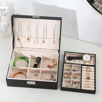 

Jewelry Box PU Leather Wooden Trinket Storage Double Layer For Cosmetics Decorative Makeup Desk Containers Accessories Organizer