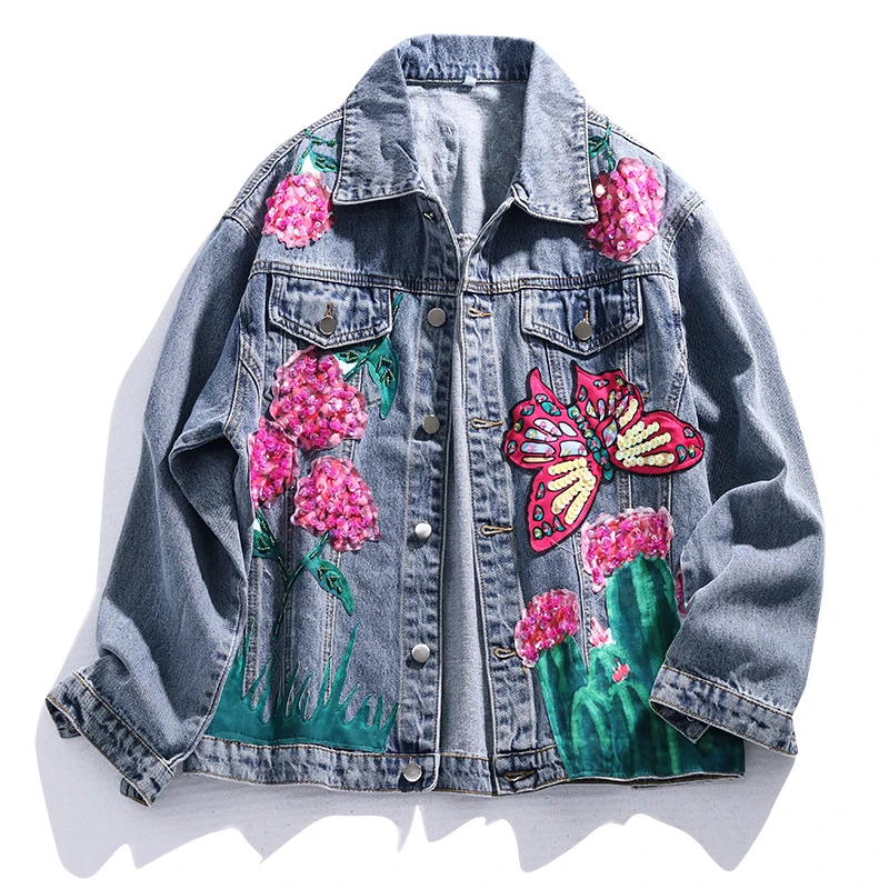 Korean Patch Design Sequins Flowers Jeans Jacket Female Streetwear Loose Short Denim Women Chaqueta Mujer Blue Basic Coat | Женская