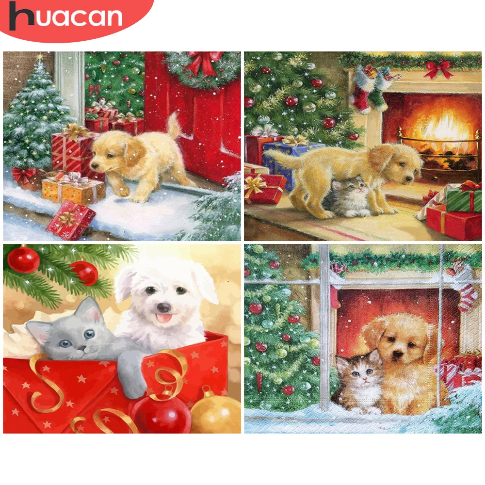 HUACAN DIY картины по номерам собаки рисование на холсте картина номеру Рождество