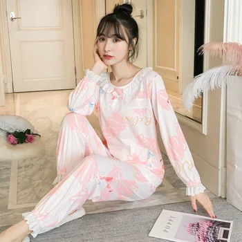 

2020 Spring Cotton Lace Pajama Sets for Women Long Sleeve Pyjama Cute Girl Cartoon Print Sleepwear Homewear Pijama Mujer Clothes