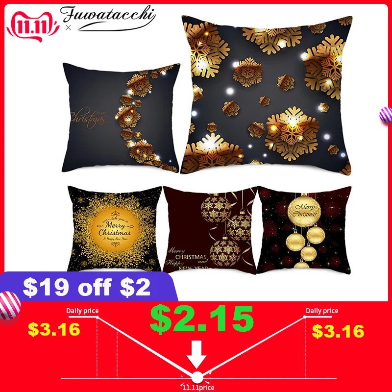 

Fuwatacchi Merry Christmas Black Background Pillow Covers Gold printed Cushion Cover for Home Sofa Decorative Throw Pillowcases