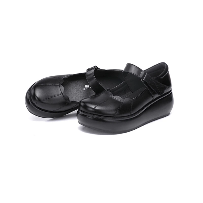 

Medium Heels Split Leather Shoes Fashion Spring Women Pumps Black Wedge Platform Pumps Shoes Round Toe Large Size Mary Janes