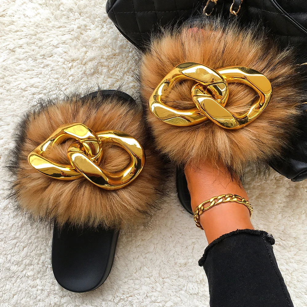 Bløde fødder Trænge ind eksotisk Furry Slippers Women Faux Fur Slides Ladies Big Gold Chain Fluffy Flip Flops  Summer Beach Flat Sandals House Plush Slippers 2021 - Women's Slippers -  AliExpress