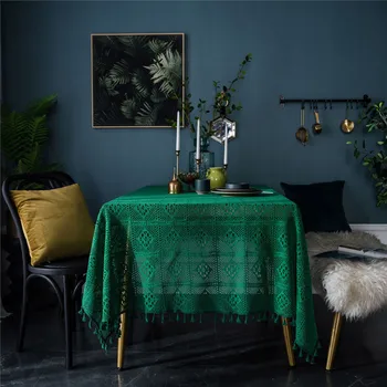 

Hollow Dark Green Vintage Handmade Crochet Rectangular Tablecloth Knitted Coffee Table Cover Cloth Shooting Background Cloth