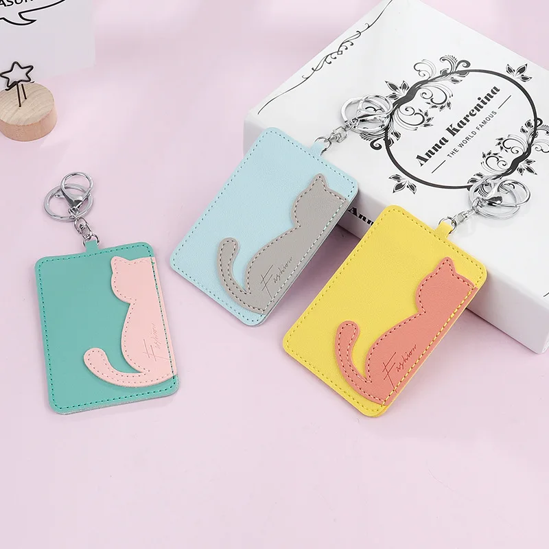 

2020 Cute Cat Print Card Cover With Keyring Chain Fashion Card Bags Bank Credit Card Holder Cute Student ID Bus Card Pass Holder