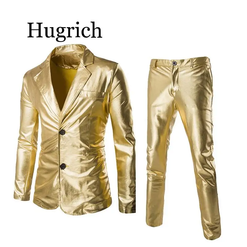 

2020 Coated Gold Silver Black (Jackets + Pants) Men Suit Sets Brand Dress Blazer Set Wedding Party Show Shiny clothes