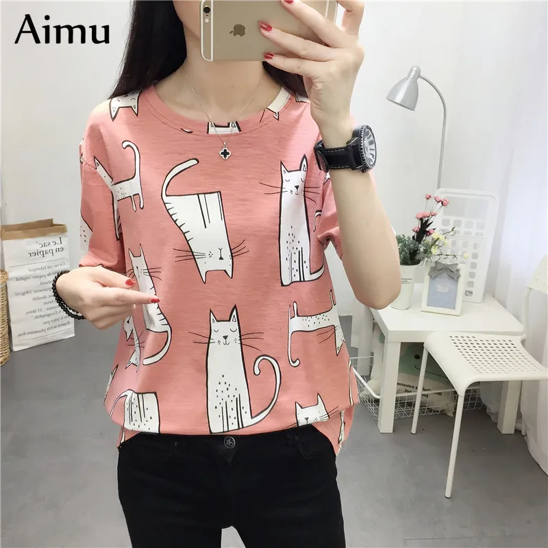 

korean kawaii Cartoon print tee shirt Short Sleeve T-shirts Women summer Casual T Shirt Harajuku girl all-match Tshirt pink Tops