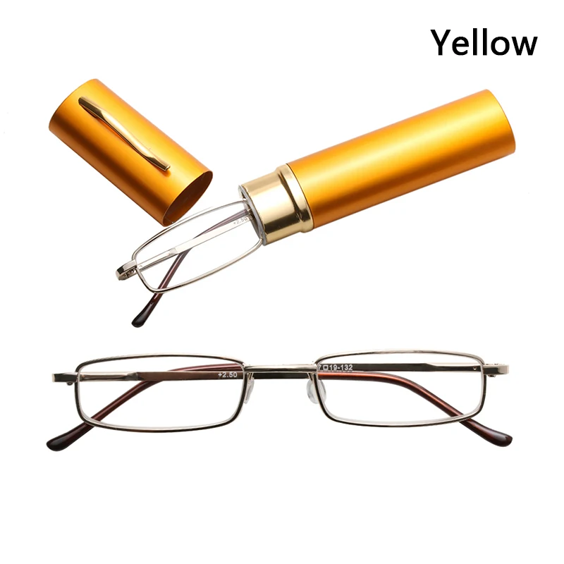 Slim Tube Cases Reading Glasses Men Women Metal Small Frame Clear Lens Portable Hangable Pocket Presbyopic Glasses Accessories - Цвет: Yellow 3.5