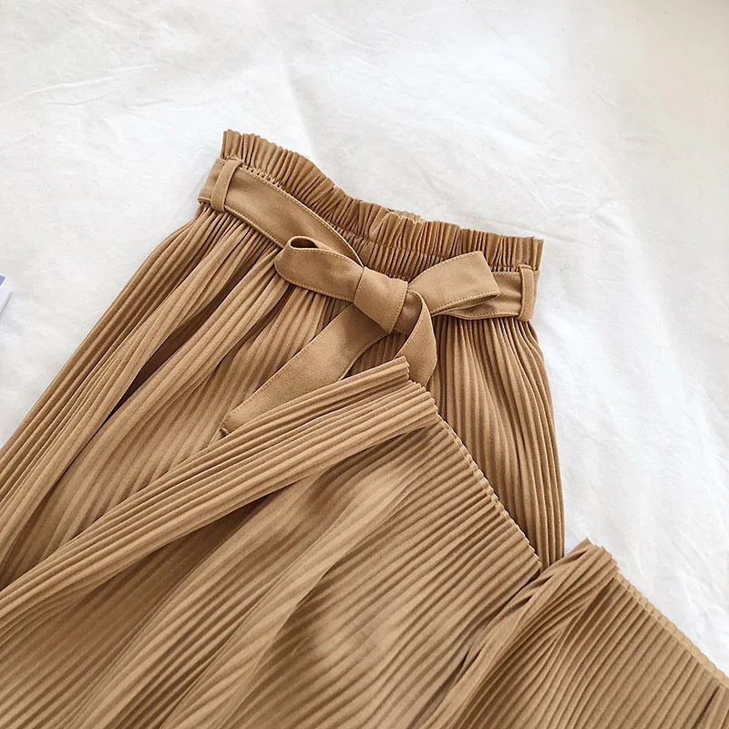 

Women Casual Wide Leg Elastic High Waist Pleated Pants with Belt for Summer XRQ88