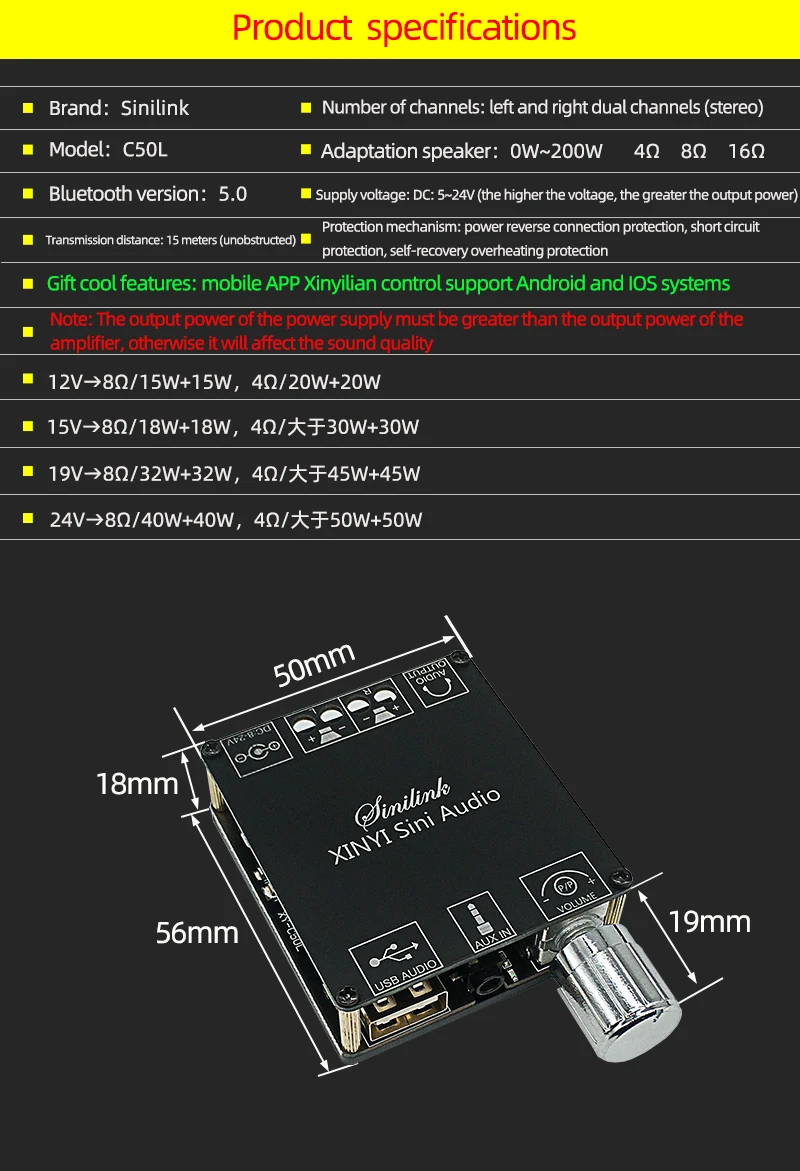 XY-C50L 3.5MM USB APP MINI Bluetooth 5.0 50w+50w Wireless Audio Digital Power amplifier Stereo board Bluetooth Amp Amplificador car audio amplifier