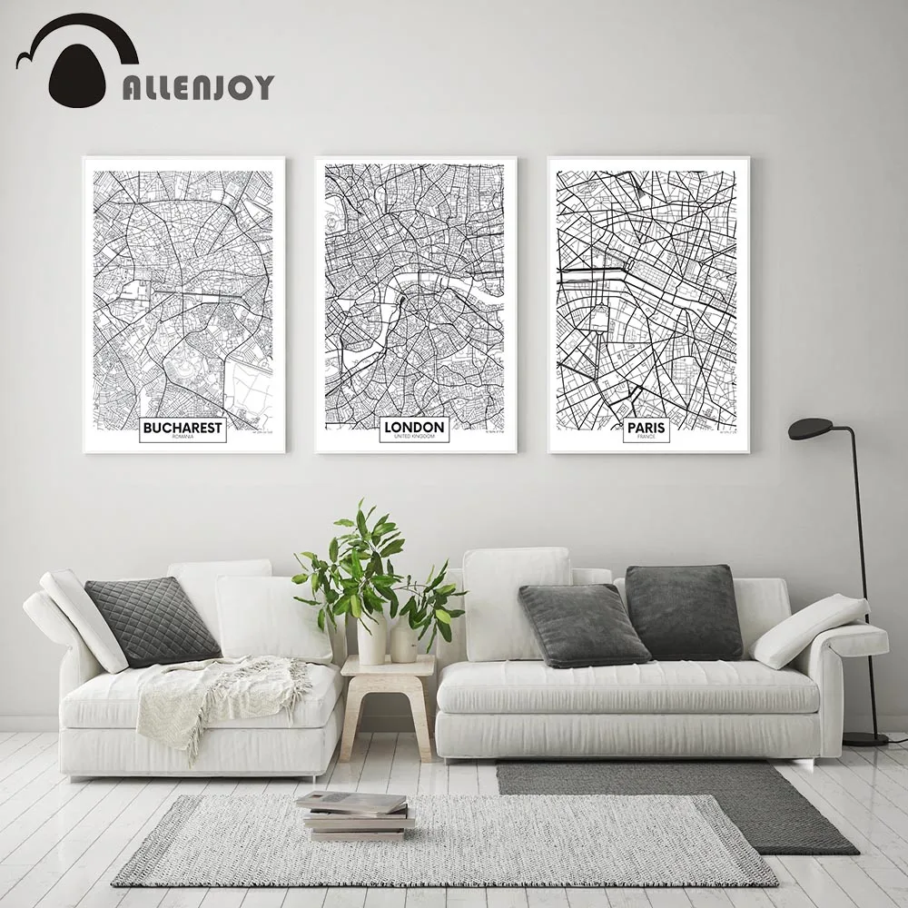 

Allenjoy Map Posters London Paris Bucharest City Sketch Black White Canvas Paints Nordic Vintage World Pictures for Living Room