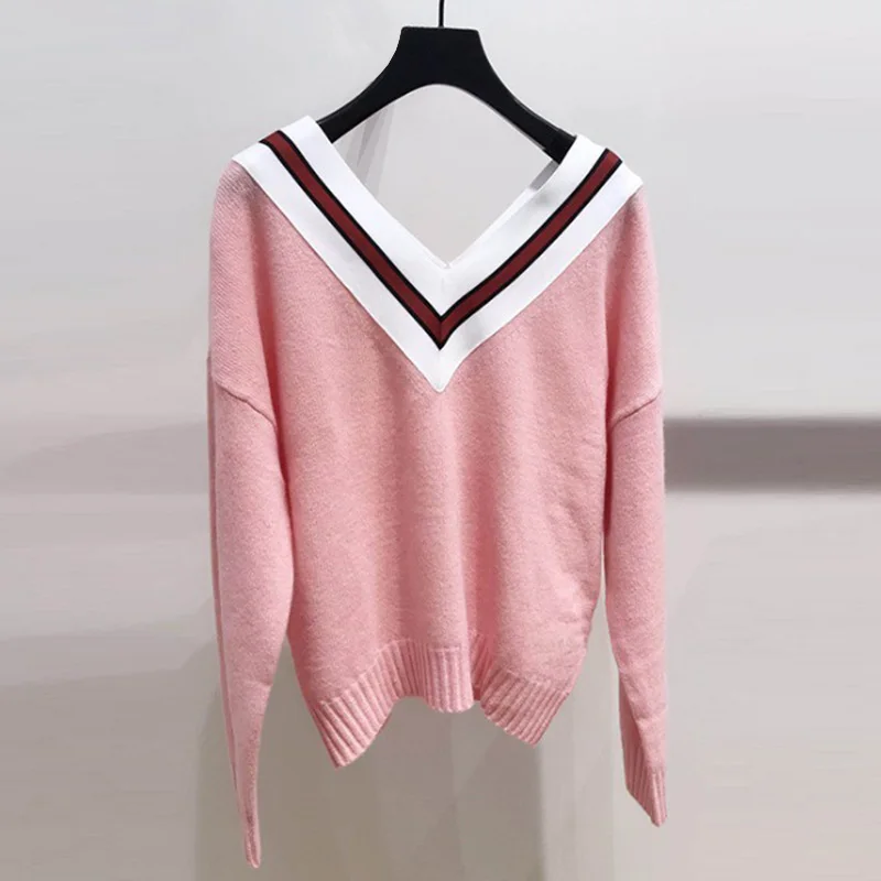 

Patads French minority autumn and winter pink contrast V-neck loose knit sweater casual women's wear pu00268