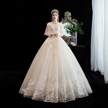 

Sexy One word collar Appliques Wedding Dress dream Princess embroidery Wedding Gowns elegant Mori system Wedding Dresses