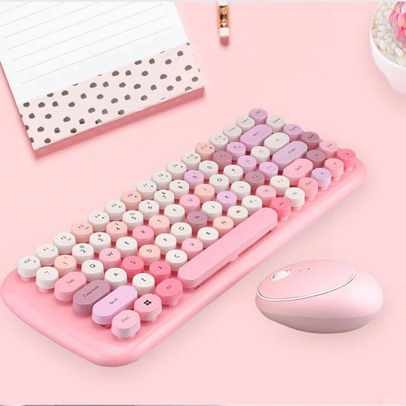 84 Round Key Wireless Keyboard And Mouse Multimedia Keyboard Mouse Office Digital Bluetooth Retro Colorful Note-book Portable