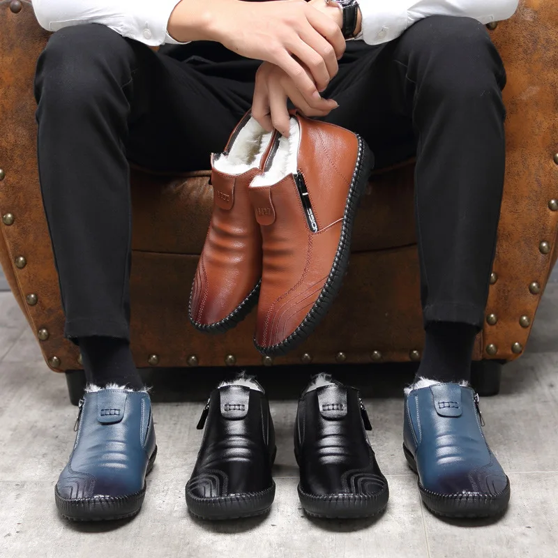 QFFAZ/брендовые зимние мужские ботинки; высококачественные кожаные мужские Ботильоны; зимние теплые мужские ботинки на меху; модная Осенняя базовая обувь