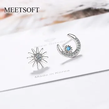 

MEETSOFT 925 Silver Prevent Allergy Stud Earrings for Women Design Trendy Small Crystal Moon-Star Jewelry Gift
