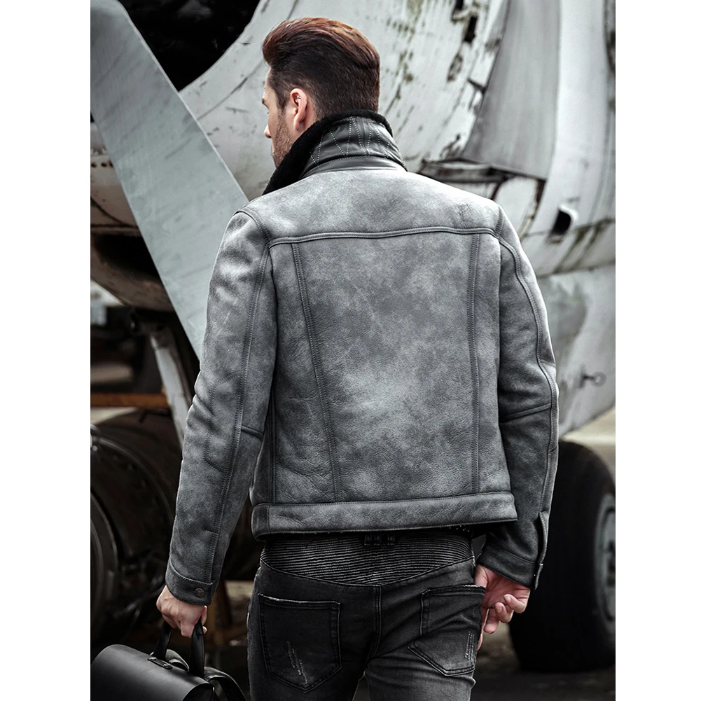 Мужская овечья шерсть куртка B3 летная куртка Авиатор зимнее пальто меховая кожаная куртка-бомбер серая джинсовая куртка