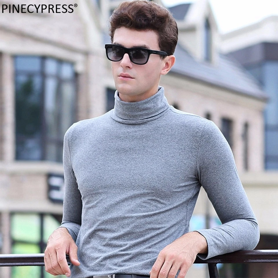 de manga larga para hombre, 95% algodón y 5% licra, cuello alto, primavera Otoño, ropa para hombre 2018, azul gris roja de calidad para hombre|Camisetas| - AliExpress