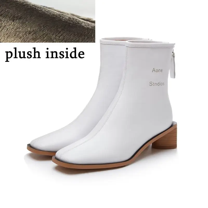 plush inside ALLBITEFO/высококачественные женские ботинки из натуральной кожи; однотонные удобные ботильоны; сезон осень-зима; модные ботинки с квадратным носком - Цвет: plush inside
