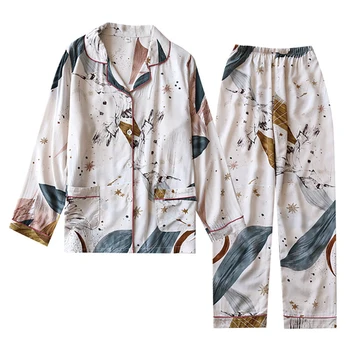 

Women's Two-piece Pyjamas Set Spring And Summer Long Sleeves Cotton Printed Long Pants Pajamas Women Nightwear Sleepwear Suits