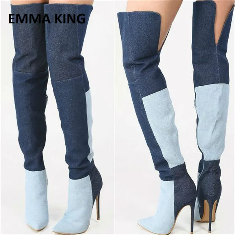 

2019 Spring Autumn Women Patchwork Over the Knee Boots Pointed Toe Stiletto Heels Mixed Color Runway Boots High Heel Boots