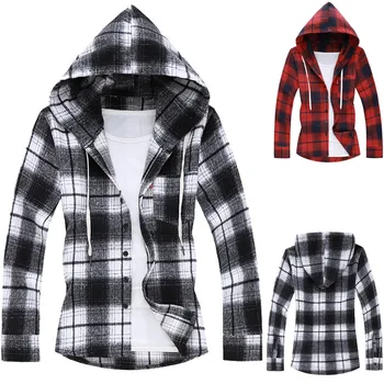 

Men's Casual Fashion Plaid Printing Loose Hoodie Removable Long Sleeve Shirt Top Button Pocket Shirts M-3XL camisa masculina ca