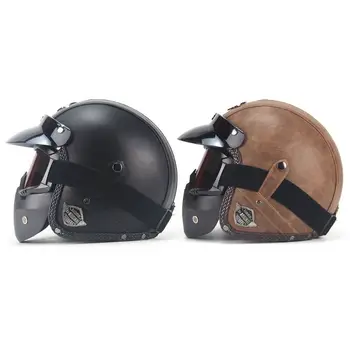 

PU Leather Helmets 3/4 Motorcycle Bike Helmet Open Face Vintage Motorcycle Helmet With Goggle Mask