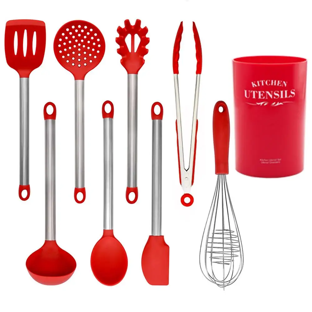 

Silicone Cooking Utensil Set With Holder Non-stick Kitchen Utensils Set Heat Resistant Cookware with Stainless Steel Handle