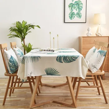 

Withme Tablecloth Rectangular Polyester Cotton Green Leaves White Tablecloths Household Elegant Table Covers Dustproof Washable