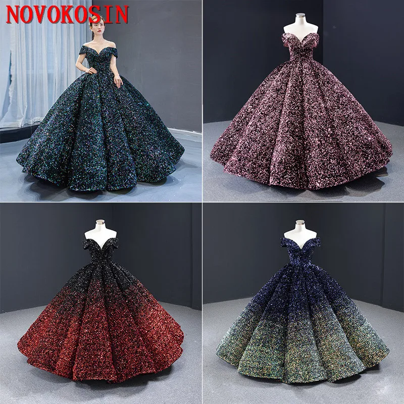 

2020 Real Sample Depp V Neck Luxury Gradient Sequin Lace Queen Dress Ball Gown Party Dresses Bridal Quinceanera Dresses