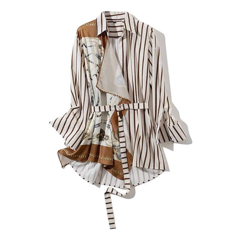 

2019 Autumn Lapel Long Sleeve Striped Pattern Split Joint Irregular Big Size Shirt Women Mid Long Tide Bow Sashes Blouse