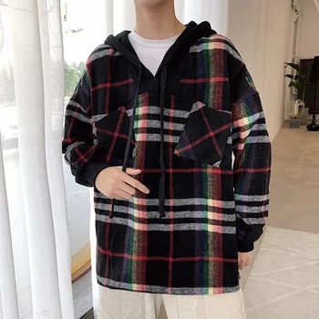 

2019 autumn original loose youth handsome hoodies fashion Korean version lattice tide men's coat streetwear Japan Style Khaki