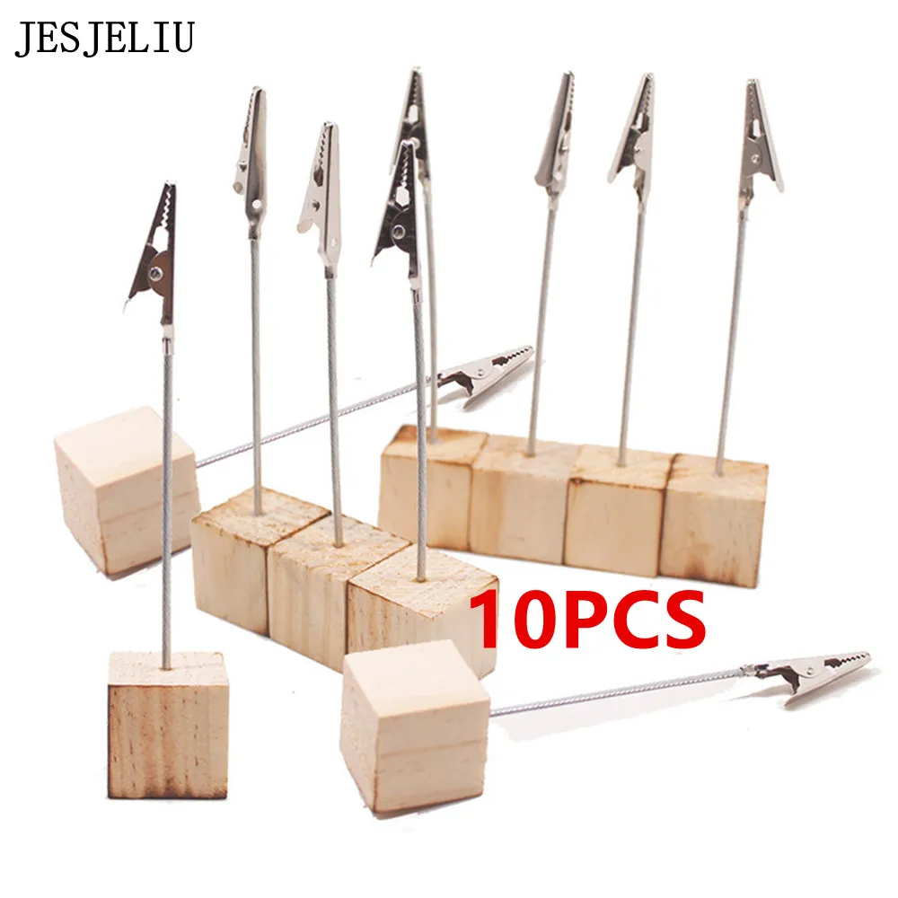 Card Holder 10pcs Wood Cube Alligator Metal Clip Memo Picture Note Card Desk Paper Photo Clip Holder Table Stand Office Party Home Decor
