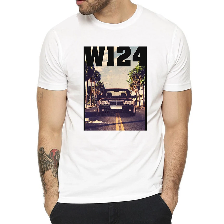 

Funny Stack of Mercedes W124 E Class Men T Shirts Round Collar Tops Short Sleeve O-neck Cotton Clothes Youth Car styling T-shirt