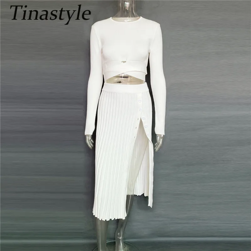 Tinastyle Autumn Winter Women Skirts Set O Neck Long Sleeve Crop Top And Midi Skirts A Line Pleated Two Piece Sets Knit Outfits womens suit set