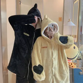

Casual Pajamas Suit Lovers Flannel Nightwear Intimate Lingerie Autumn Winter New Sleep Set Hooded Coral Fleece Sleep Set