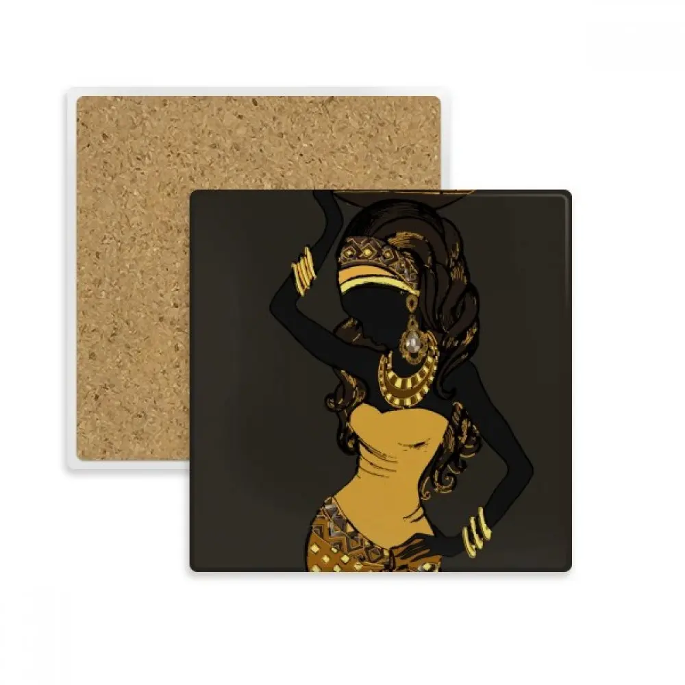 

African Black Women Aboriginal Dresses Square Coaster Cup Mug Holder Absorbent Stone for Drinks 2pcs Gift
