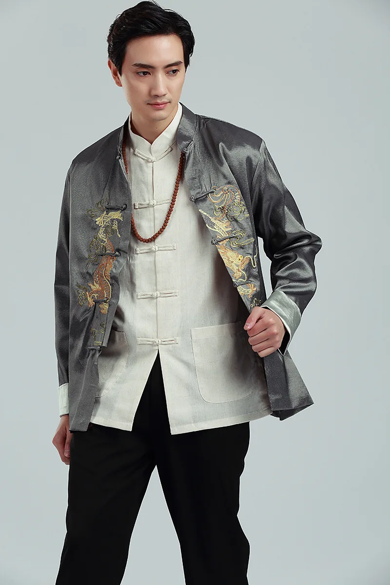 Мужская традиционная куртка в китайском стиле с вышитым драконом, блузка Hanfu Tang, мужские рубашки для кунг-фу, верхняя одежда, куртка