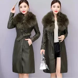 Хит, женские зимние теплые куртки из искусственной кожи с меховым воротником, Офисная Женская Повседневная Верхняя одежда, длинные пальто - Цвет: as pic