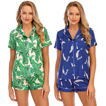 

2020 Summer Imitation Silk Printed Short-sleeved Shorts Suit Lapel Comfortable Home Service Pajama Set Pyjamas Women Sleepwear