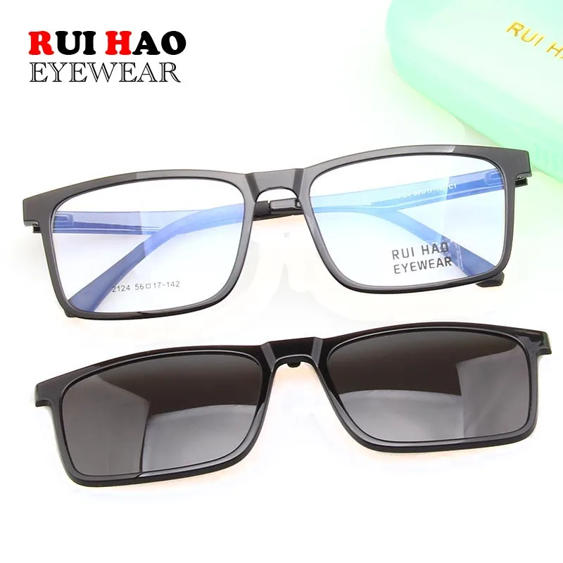 Retro Eyeglasses Frame Men Grey Polarized Clip on Sunglasses Super Light Glasses Men Rui Hao Eyewear Optical Frame 2124