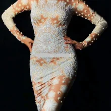 Бисероплетение Жемчуг o-образным вырезом с длинным рукавом снежное элегантное вечернее платье Женский танцевальный сценический костюм для ночного клуба, выпускного, дня рождения наряд знаменитости