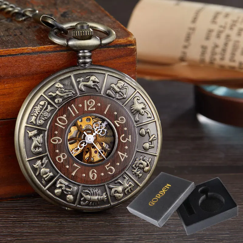 Círculo de Madeira Vintage Esculpido Relógio de Bolso Mecânico Homens Único Oco Steampunk Esqueleto Número Dial Relógios Mecânicos Cadeia - Image 3