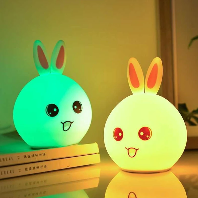 

Cute Rabbit Bedside Lamp Tap Control Colorful Color Night Light with USB Charging Cable Rechargeable Silicone Atmosphere Lamp