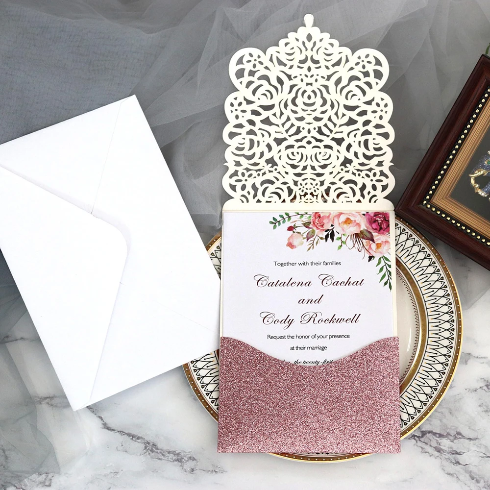  10pcs Pearl paper Business Invitation Glitter Openwork Pocket Rose Lace Invitation Card Wedding Inv - 4000595224951